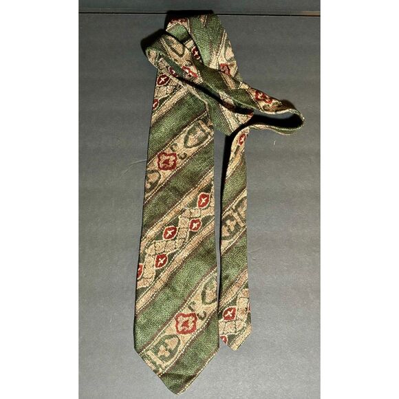 Vintage Woodward Designer Silk Tie – Green Brown Beige Geometric – Made USA - Picture 4 of 5